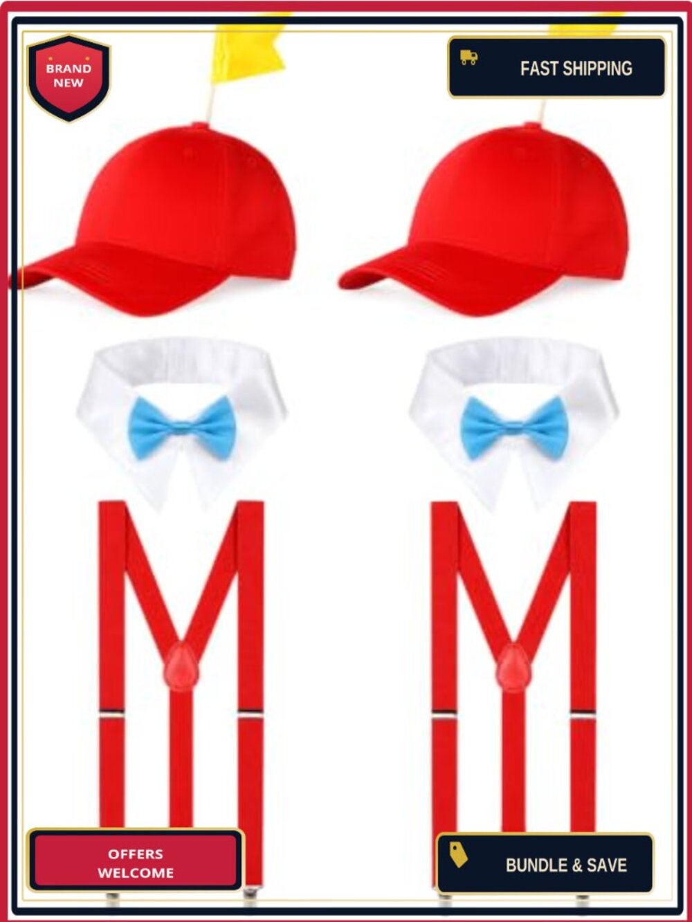 Adult Twins 6-Piece Halloween Costume Accessory Set Adjustable Hat Suspenders